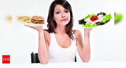 making a choice between eating a plate full of junk food (left) or eating a plate full of healthy green food (right)