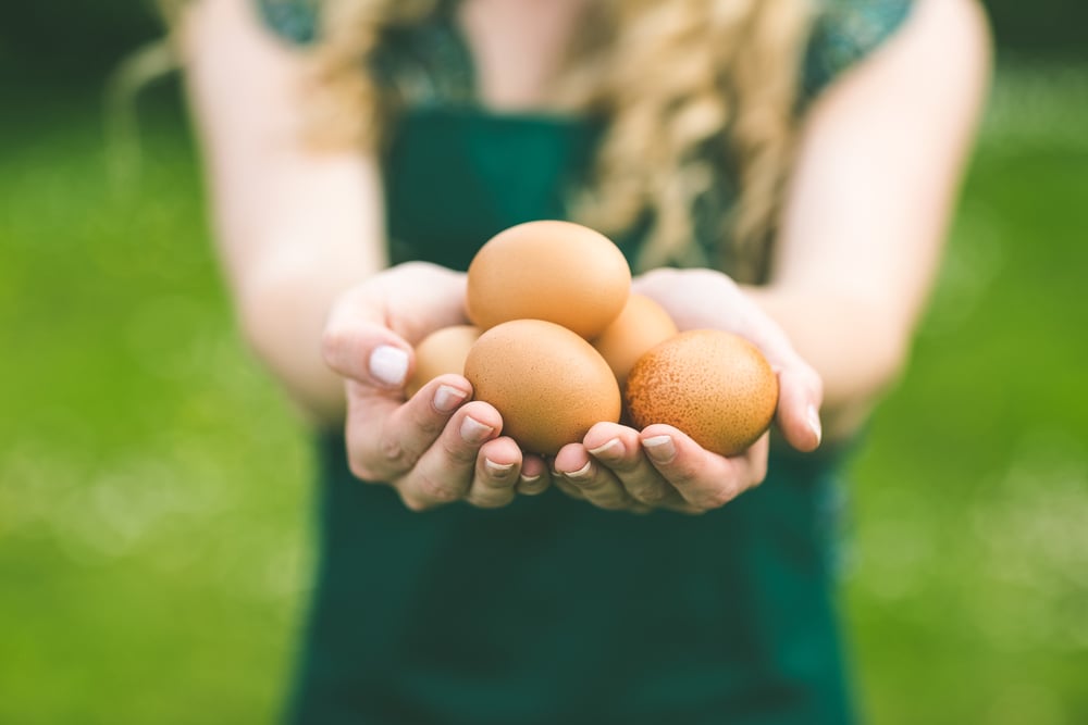 Young woman showing eggs standing on a lawn-1