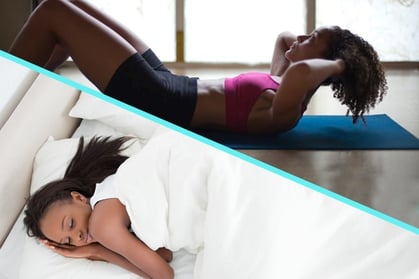 showing the connection between a good sleep that leads to effective physical activity. sleeping picture at the bottom half and physical activity picture in the upper half.